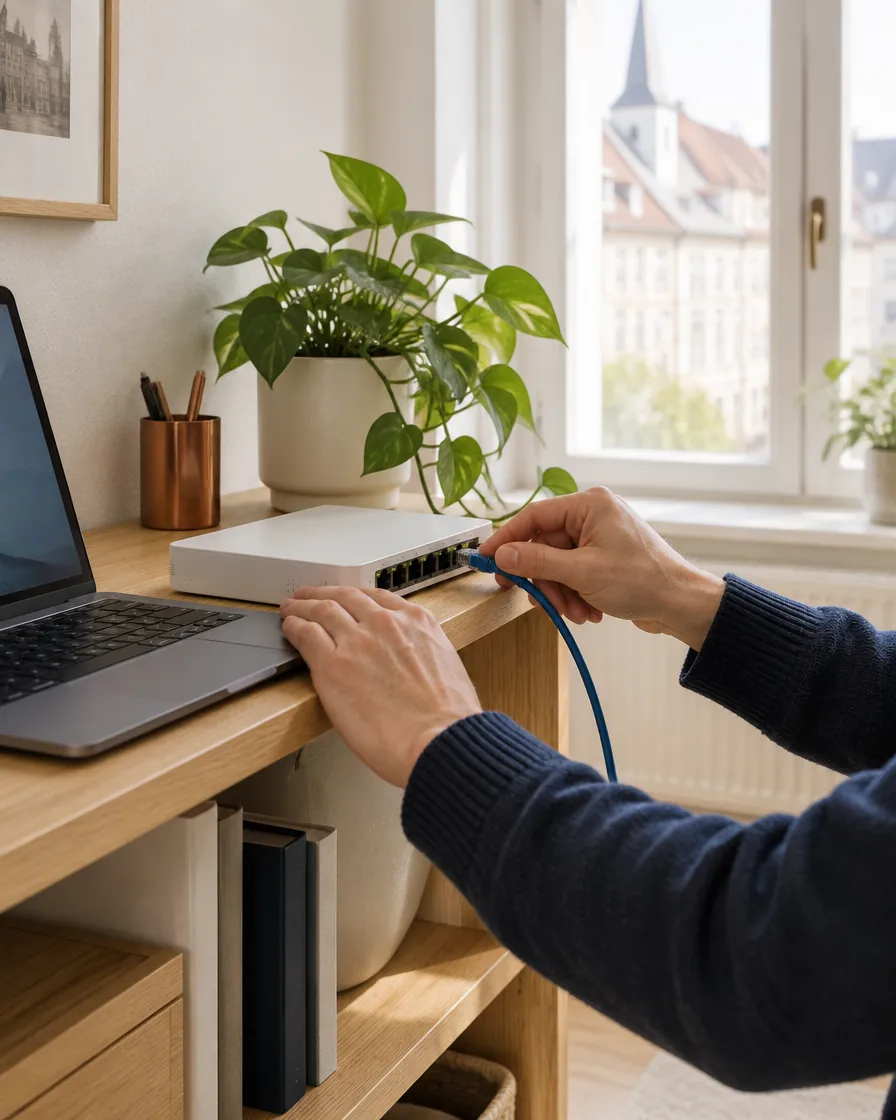 Hände verbinden ein Netzwerkkabel mit einem kleinen Switch im Büro (KI-generiert)