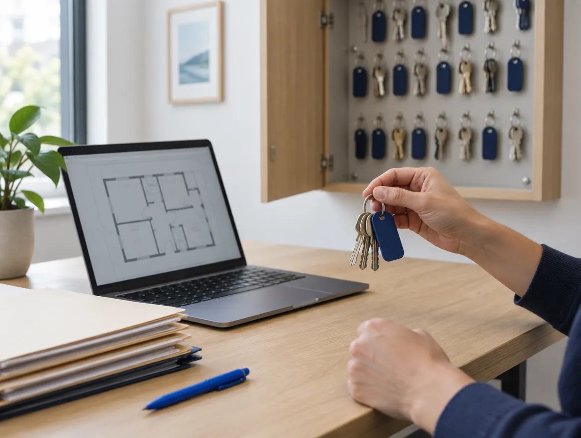 Büro einer Hausverwaltung mit Schlüsselschrank und Grundriss auf dem Laptop (KI-generiert)