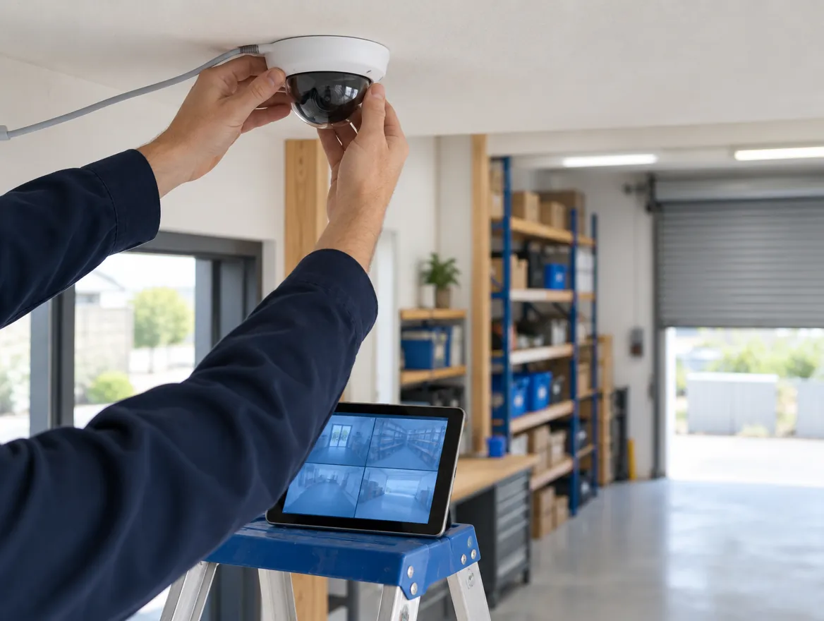 Hände montieren eine Kuppelkamera an der Decke eines Lagers, daneben ein Tablet mit Kamerabildern (KI-generiert)