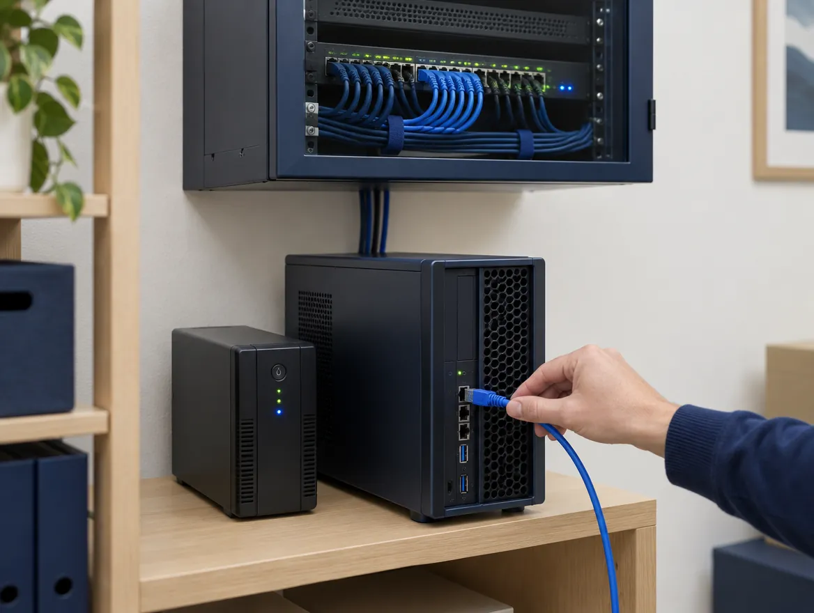 Kleiner Firmenserver mit USV unter dem Netzwerkschrank, eine Hand steckt ein Netzwerkkabel ein (KI-generiert)